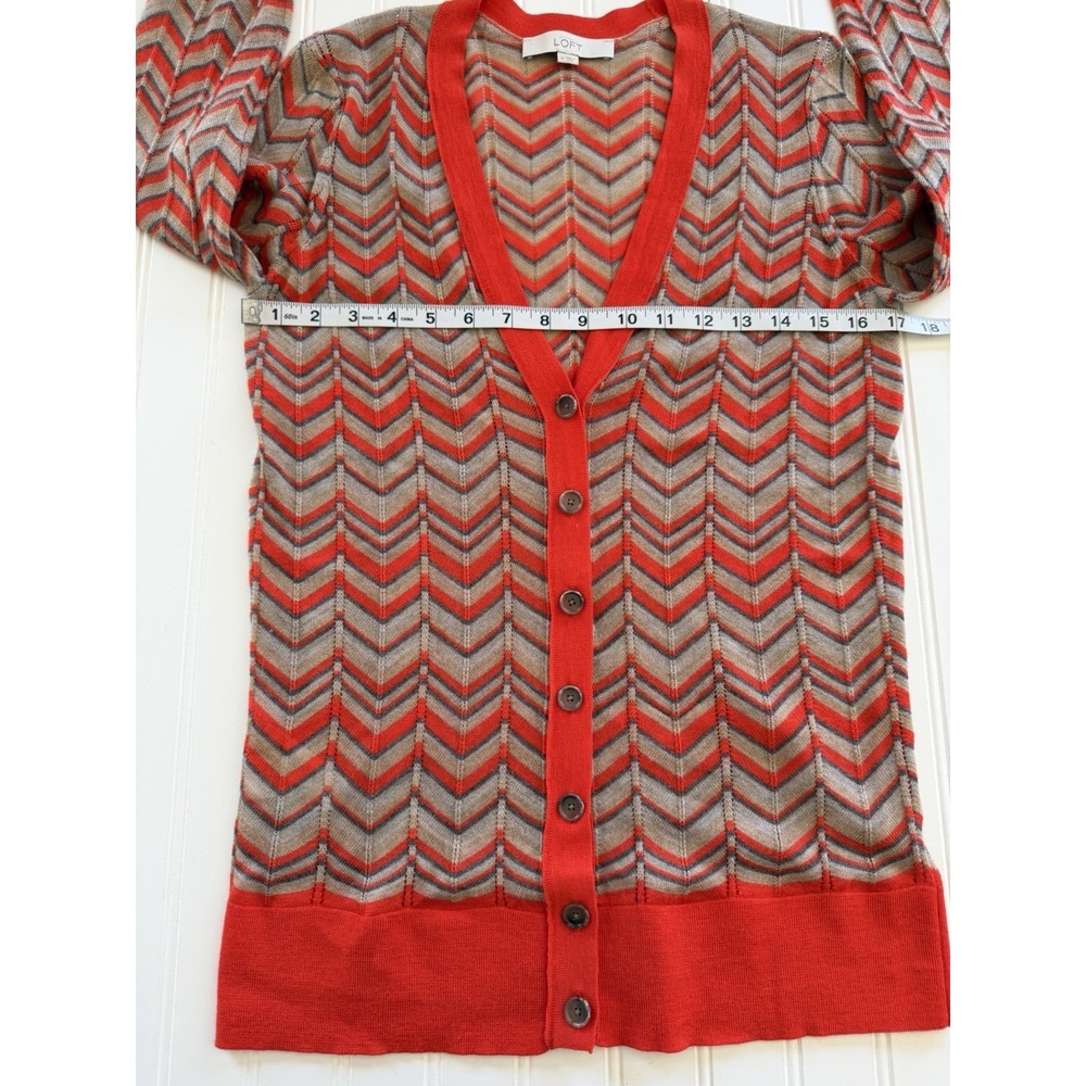 LOFT Womens M Cardigan Chevron Striped Orange Blue V Neck Button Up - Picture 5 of 9